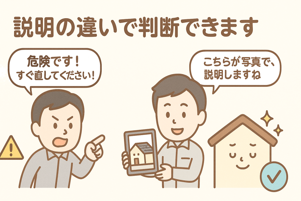 写真説明する業者と口頭だけの業者を比較したイラスト