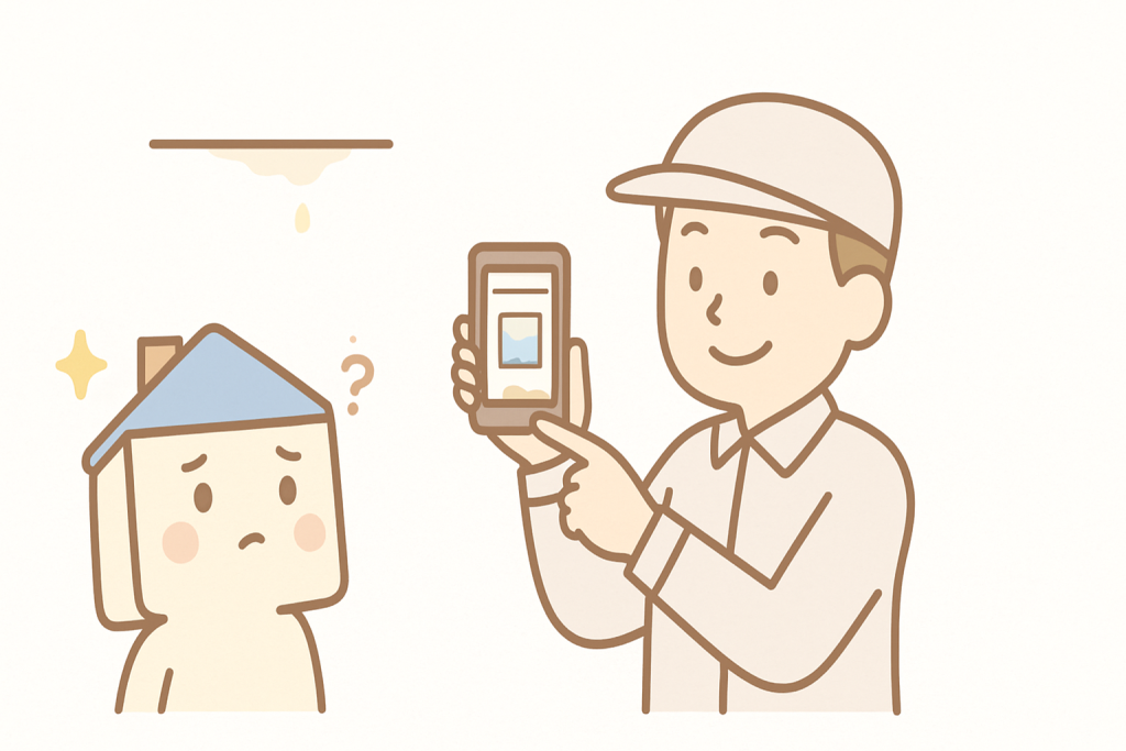 天井のシミや壁紙の浮きをスマホで撮影する作業員キャラクターのイラスト