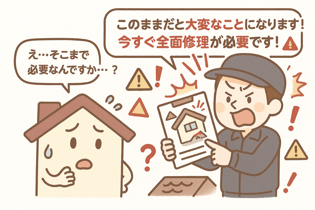 不安を煽りながら全面修理を強引に提案する悪徳屋根業者と、不安そうな家キャラクターのイラスト。
