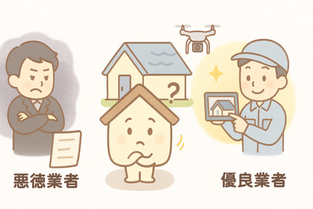 悪徳業者は屋根を見ず、優良業者はドローンで丁寧に点検している比較イラスト