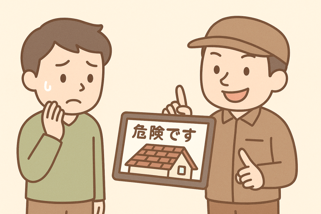 屋根修理を強引にすすめる訪問販売と不安になる家主のイラスト