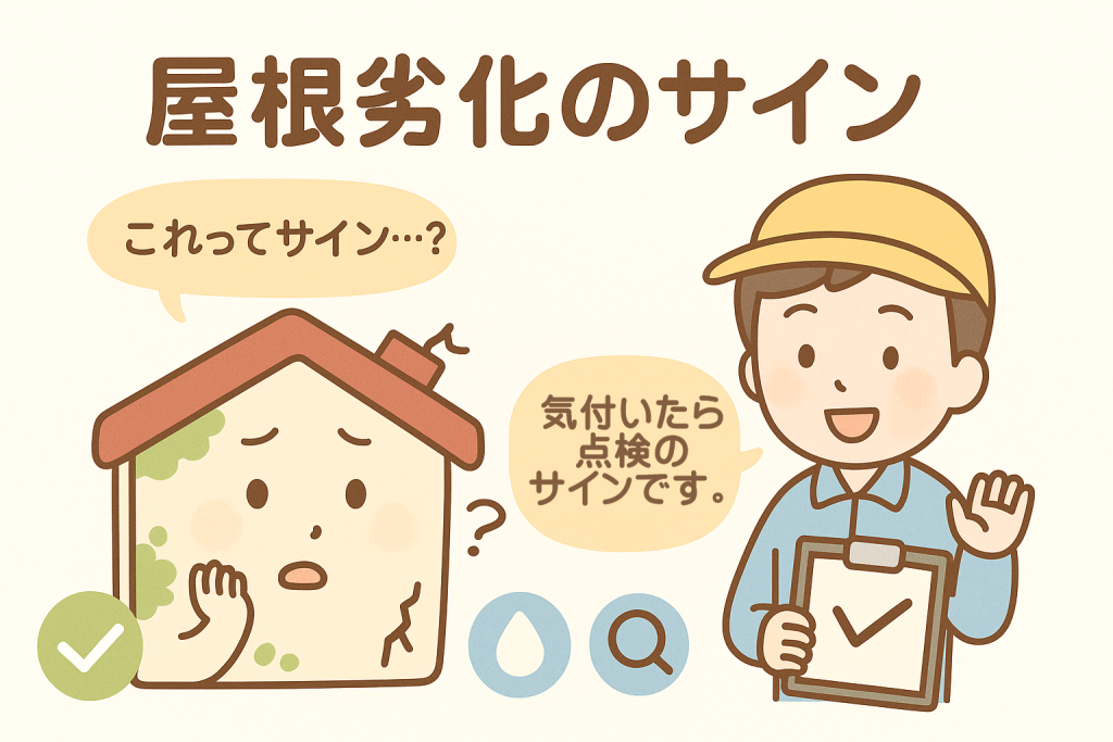 屋根にコケやひび割れなど劣化サインが出ている家が不安に思い、職人が点検のタイミングを伝えているイラスト。屋根劣化のチェックポイントを示す画像。