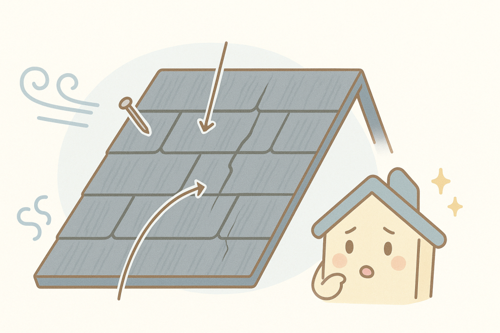 釘位置や重なり不良などの施工不良によってスレート屋根が割れる様子をわかりやすく示したイラスト