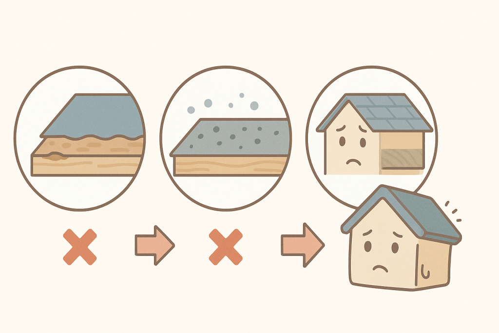野地板の腐食パターン（腐り・黒カビ・浮き）を示した図解イラスト