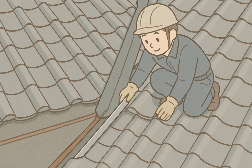 谷板金をガルバリウム鋼板に入れ替えている作業員のイラスト
