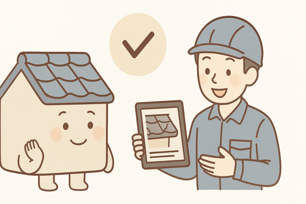 京都屋根研究所の作業員が京キャラに点検内容を説明している安心イメージのイラスト
