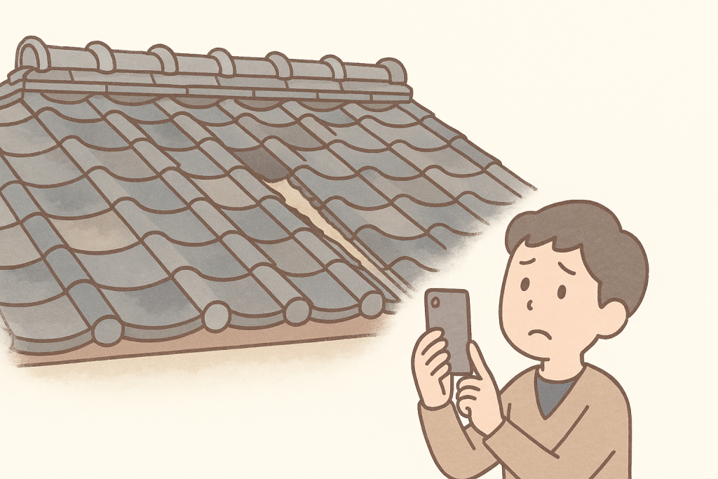 古くなった瓦屋根を下から見上げながらスマホで撮影する人物のイラスト
