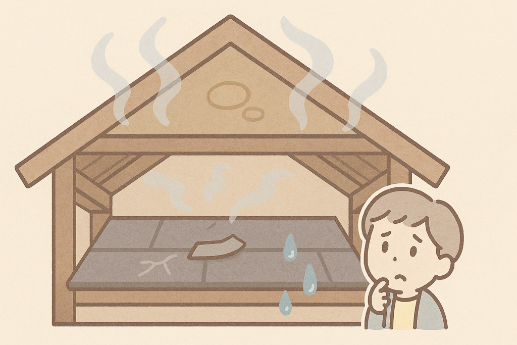 小屋裏（天井裏）に湿気や雨染みが発生している様子