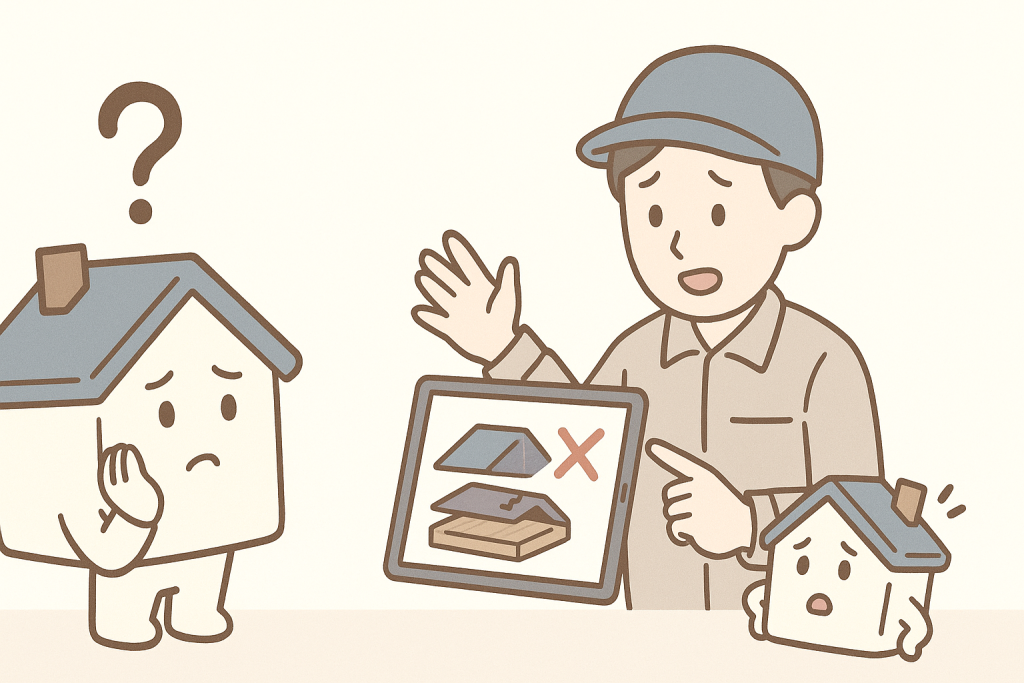 屋根工事のよくある誤解を表すイラスト（家キャラが勘違いしている様子）