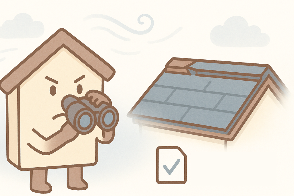 強風後の屋根を双眼鏡でチェックする京キャラのイラスト
