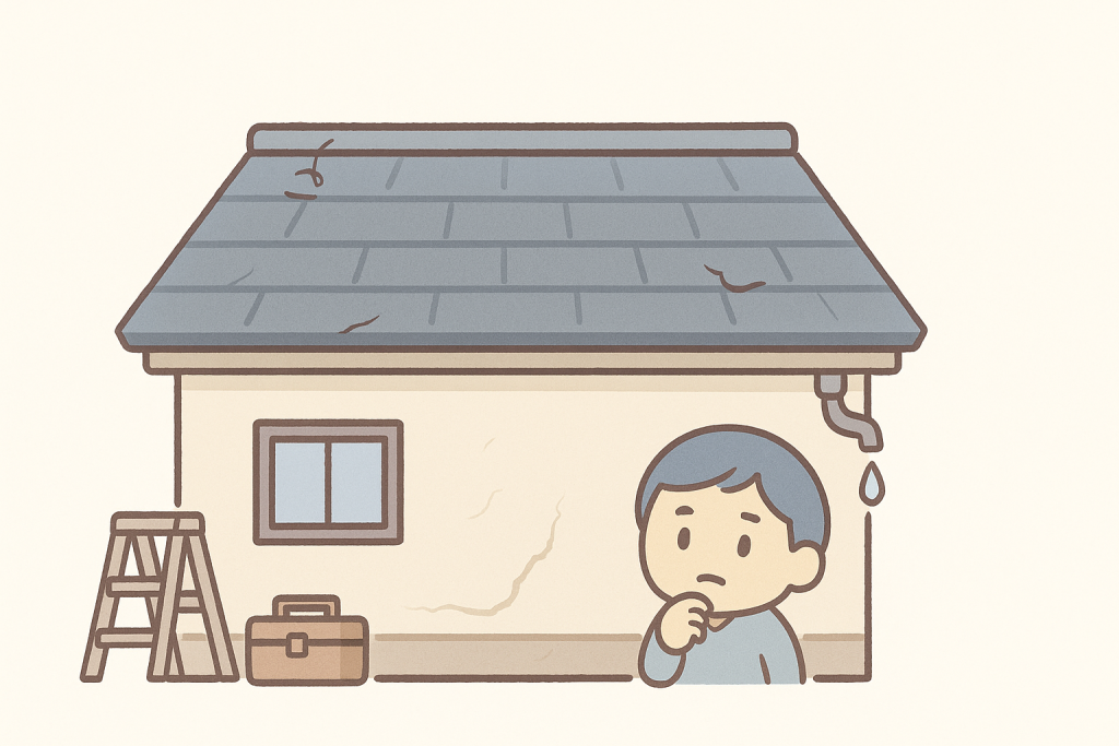 築20年前後に起こりやすい屋根の複数箇所の劣化（ひび割れ・棟板金の浮き・雨樋の弱り）をまとめて表現したイラスト