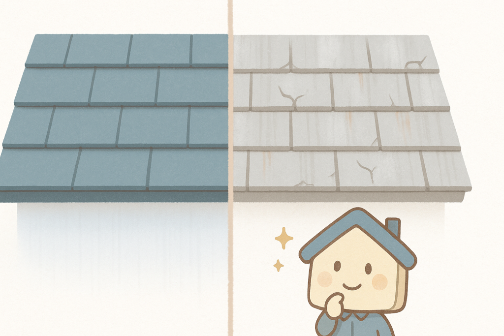 新品のスレート屋根と劣化したスレート屋根を左右比較