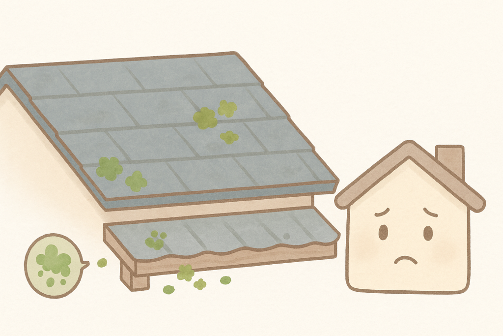 色あせと軽いコケが発生したスレート屋根