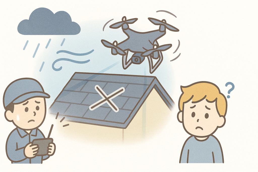 風や雨などの気象条件でドローン点検ができない状況