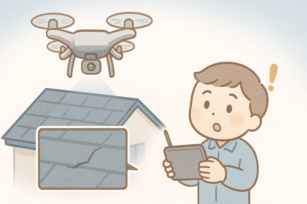 ドローンのカメラが屋根材のひびや棟板金の浮きを拡大撮影している様子を描いたイラスト
