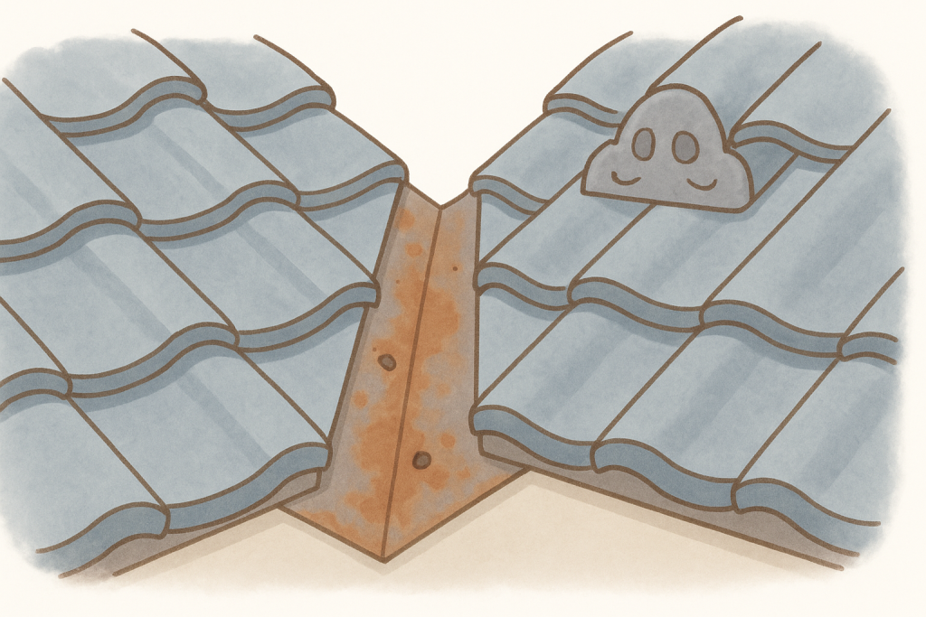 谷板金がサビて穴あきが発生している瓦屋根の劣化イメージイラスト