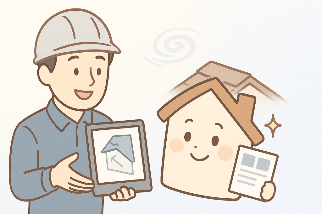 作業員が京キャラに写真付きの屋根点検レポートを丁寧に説明しているイラスト
