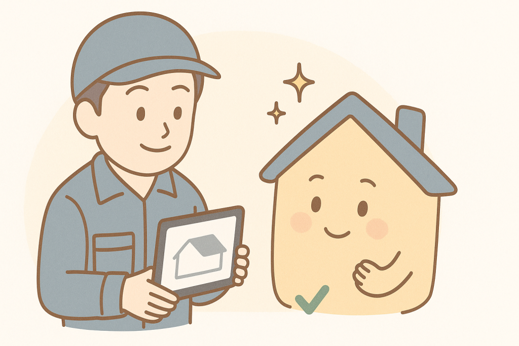 作業員キャラがやさしい表情で説明し、京キャラが安心して相談できる雰囲気を表現したイラスト