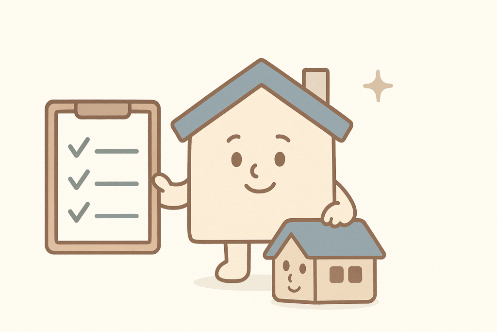 屋根診断のチェックリストを持つ京キャラのイラスト