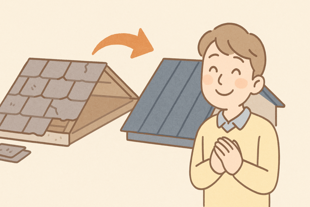 古い屋根を撤去して新しい屋根材に全面交換する「葺き替え工事」の流れを描いた断面イラスト