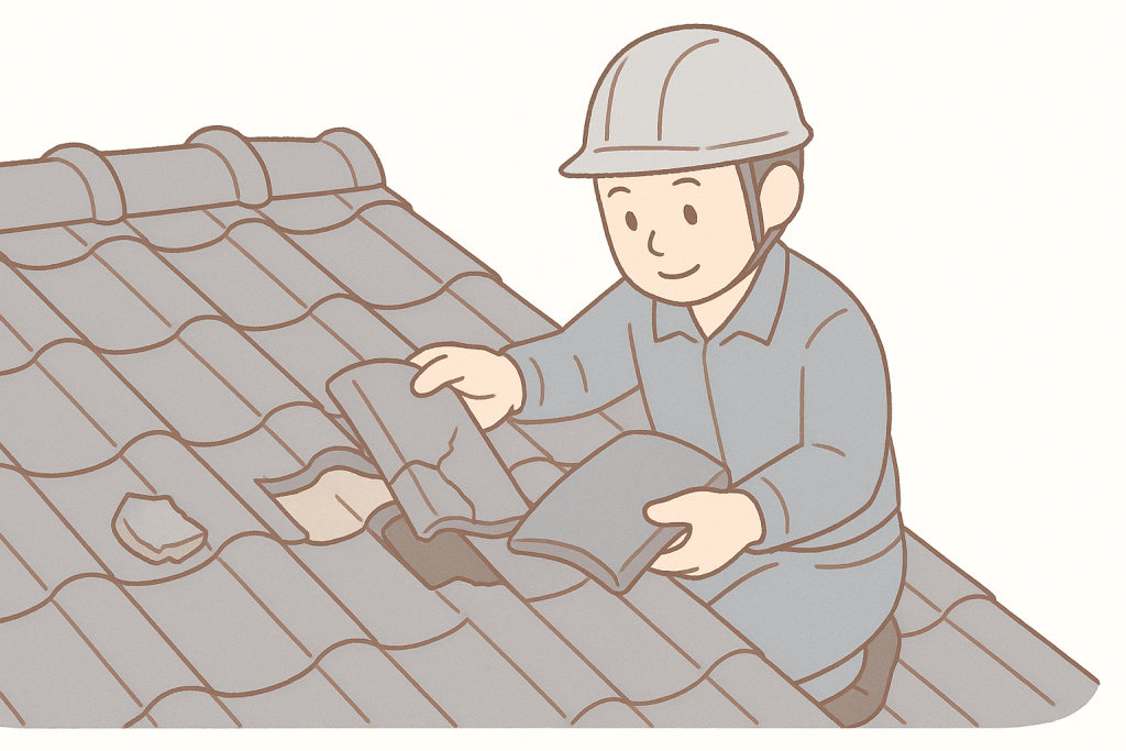 割れた瓦を外して新しい瓦に差し替えている作業員のイラスト
