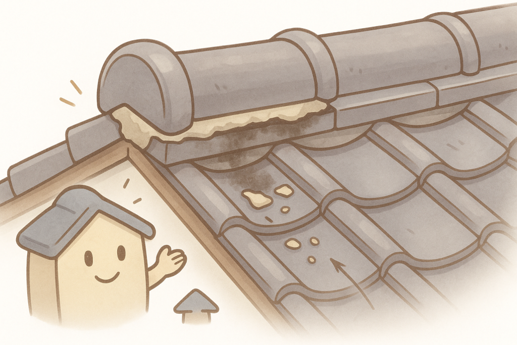 瓦屋根の漆喰が黒ずみ・剥がれて落ちている劣化イメージのイラスト