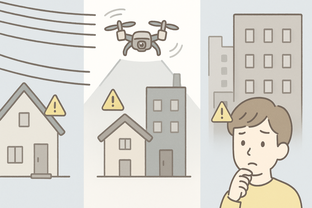 電線が多い・隣家が近い・周囲が高い建物に囲まれているなど、ドローン点検に向いていない家の特徴をまとめて描いたイラスト