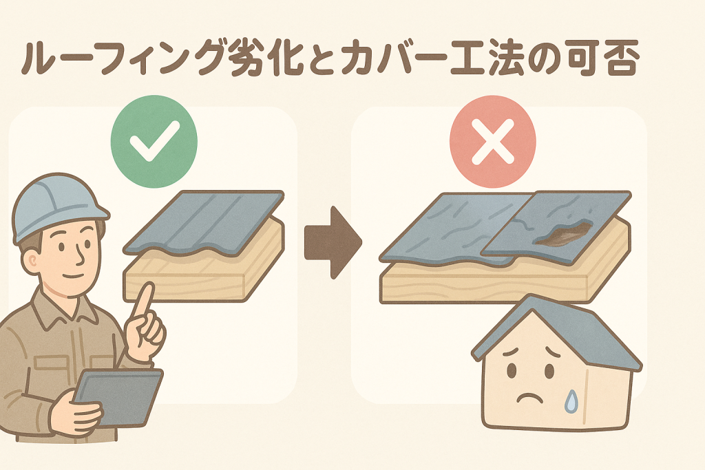 ルーフィングの劣化状態と、カバー工法が可能かどうかを示す診断イラスト