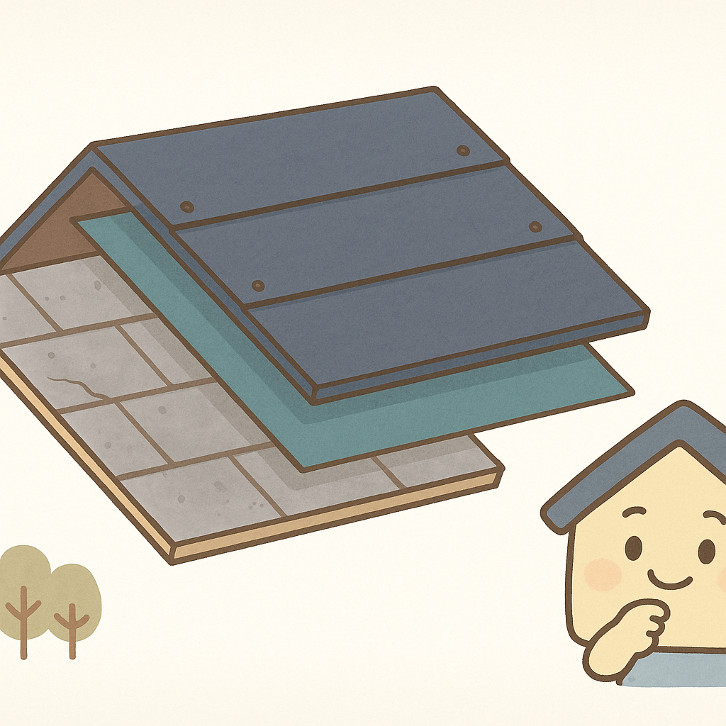 既存屋根の上に新しい屋根材を重ねて施工する「カバー工法」の仕組みを分かりやすく描いた断面イラスト