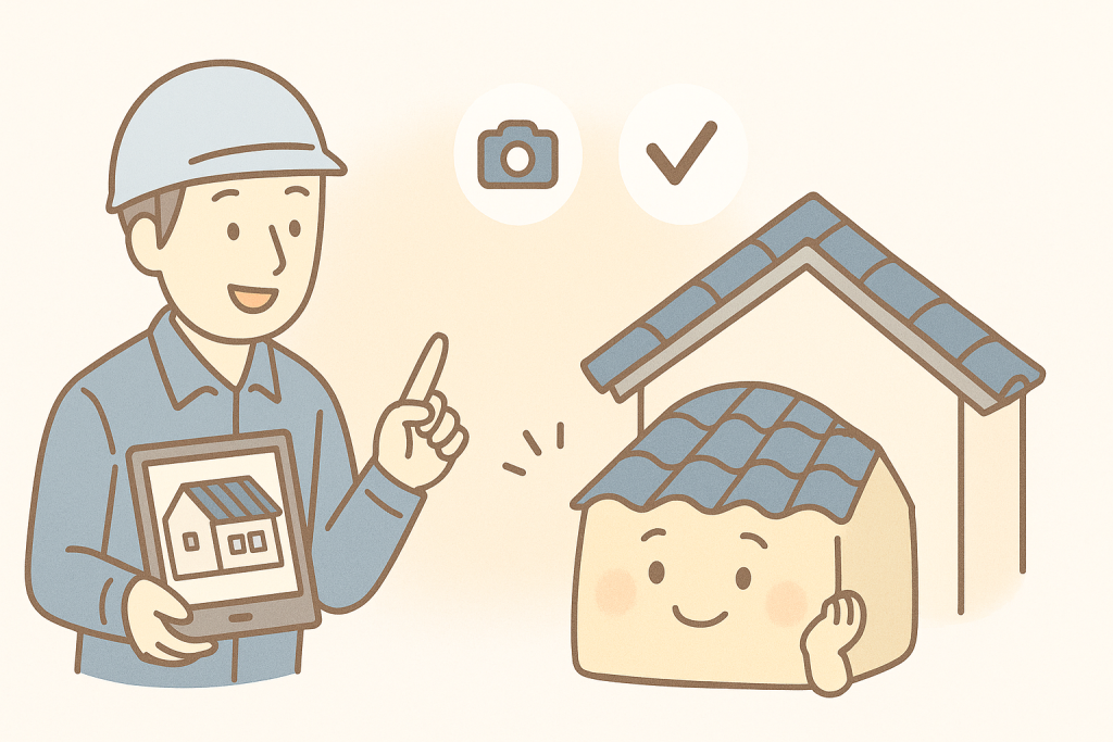 作業員がタブレットで屋根の状態を説明し、家キャラクターが安心している様子のイラスト（写真付き点検レポートの案内）

