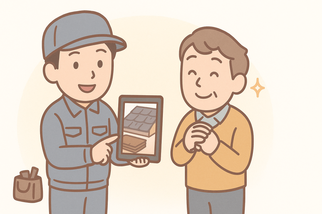 優しい表情の作業員がタブレットで説明し、京キャラが安心して相談している