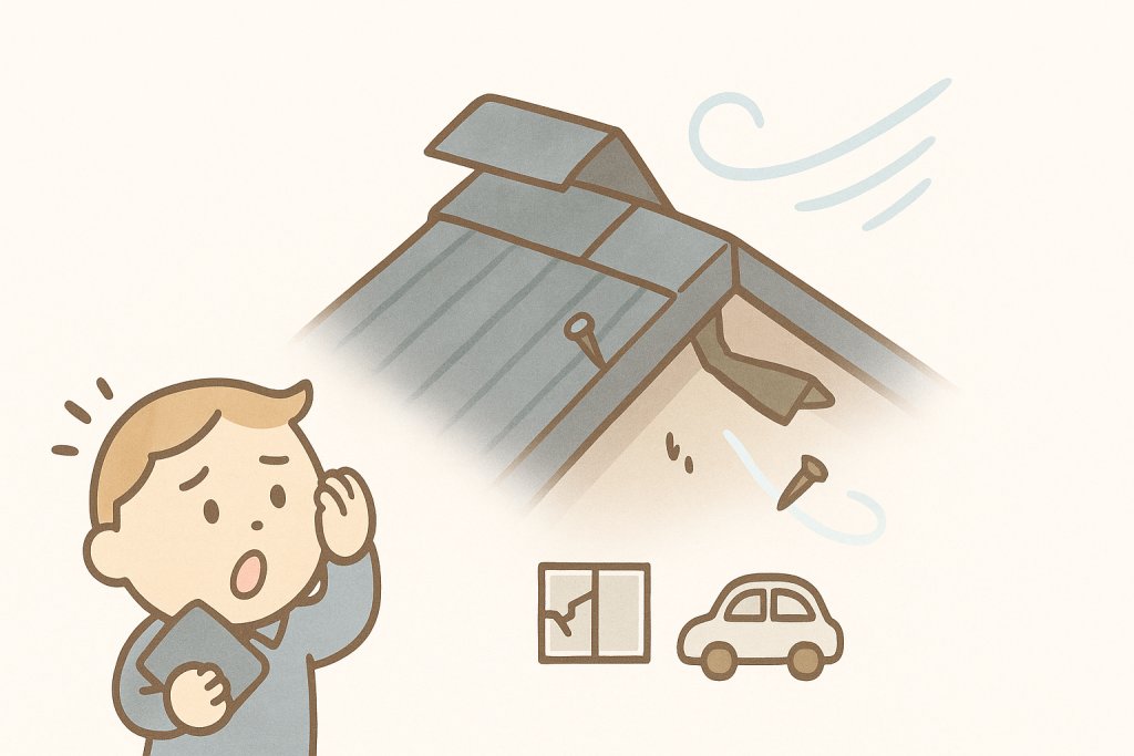 強風で棟板金が飛びかけ、京キャラが危険に気づいて驚いているイラスト

