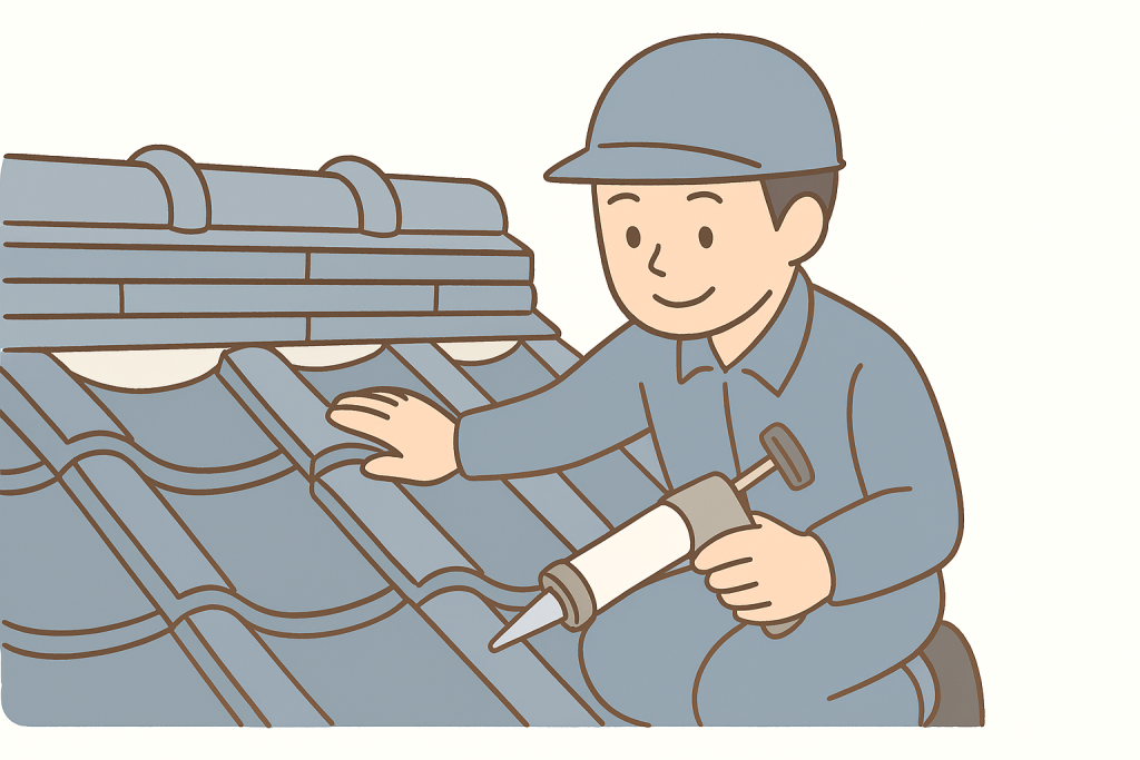 ズレた瓦をコーキングでラバーロック固定している作業員のイラスト
