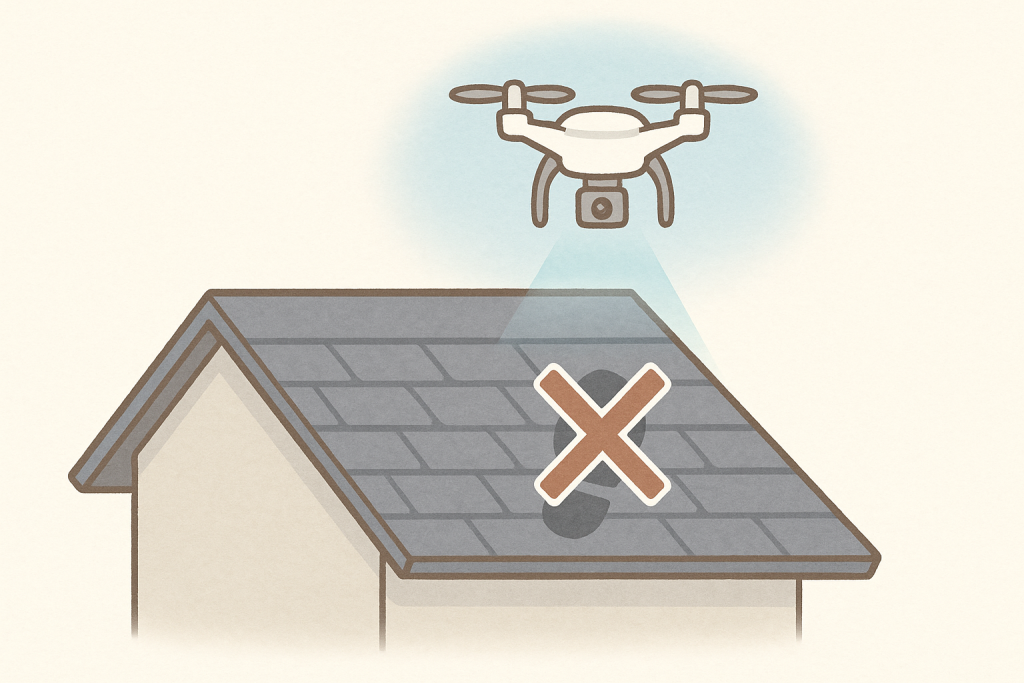 屋根に登らず、ドローンが非接触で撮影しているため屋根材を傷つけない様子を描いたイラスト