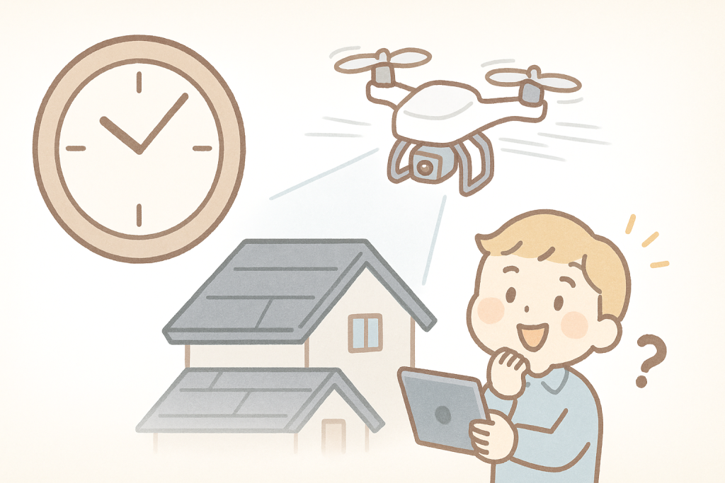ドローン点検が短時間で終わることを、時計とドローンの組み合わせで表現したイラスト