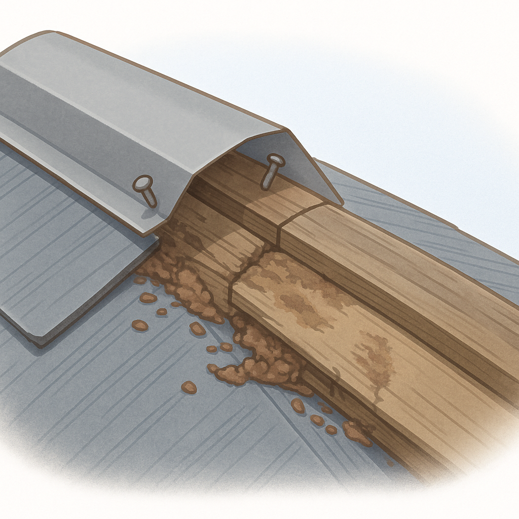 スレートの割れから雨水が入り、内部の木材が弱って棟板金の釘が抜けかけて浮いている様子をわかりやすく描いたイラスト