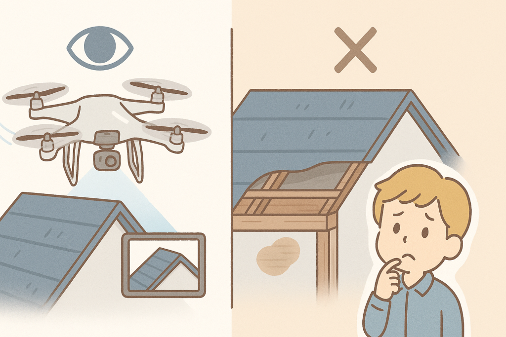 ドローンでは確認できない屋根裏の雨染みや内部劣化を、見える部分と比較して描いたイラスト