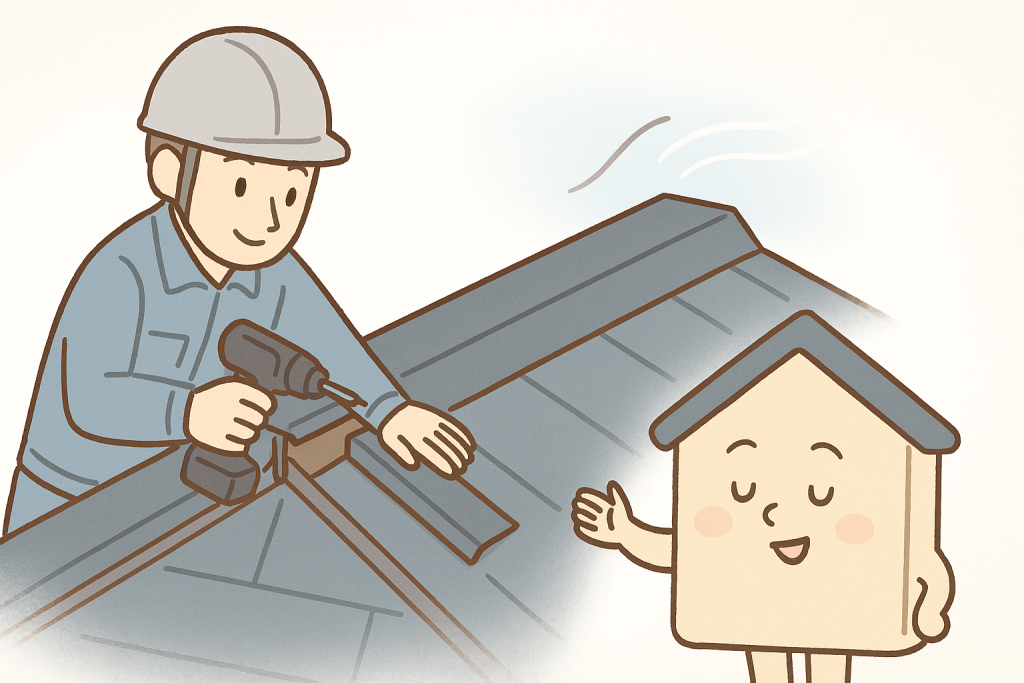 職人が棟板金をビスで固定して修理している様子を京キャラが見守るイラスト
