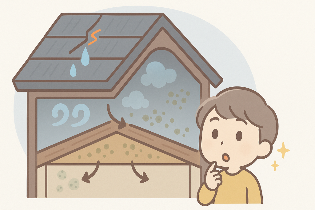 スレート屋根の割れから湿気がこもり、屋根裏に軽いカビが出始めている様子