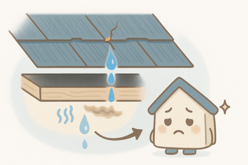 割れたスレートから雨水が侵入し、屋根内部の野地板が腐る様子をわかりやすく描いたイラスト