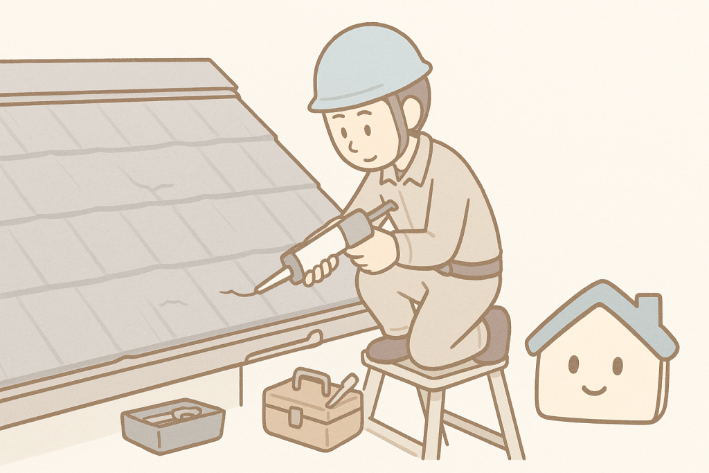 屋根材のひび補修や棟板金の釘の締め直しなど、軽微な部分補修作業イラスト