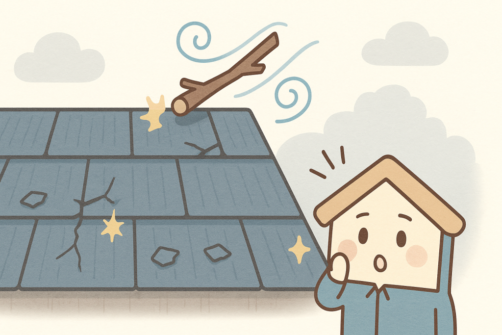台風の飛来物がスレート屋根に当たり、欠けや割れが発生する様子をわかりやすく描いたイラスト