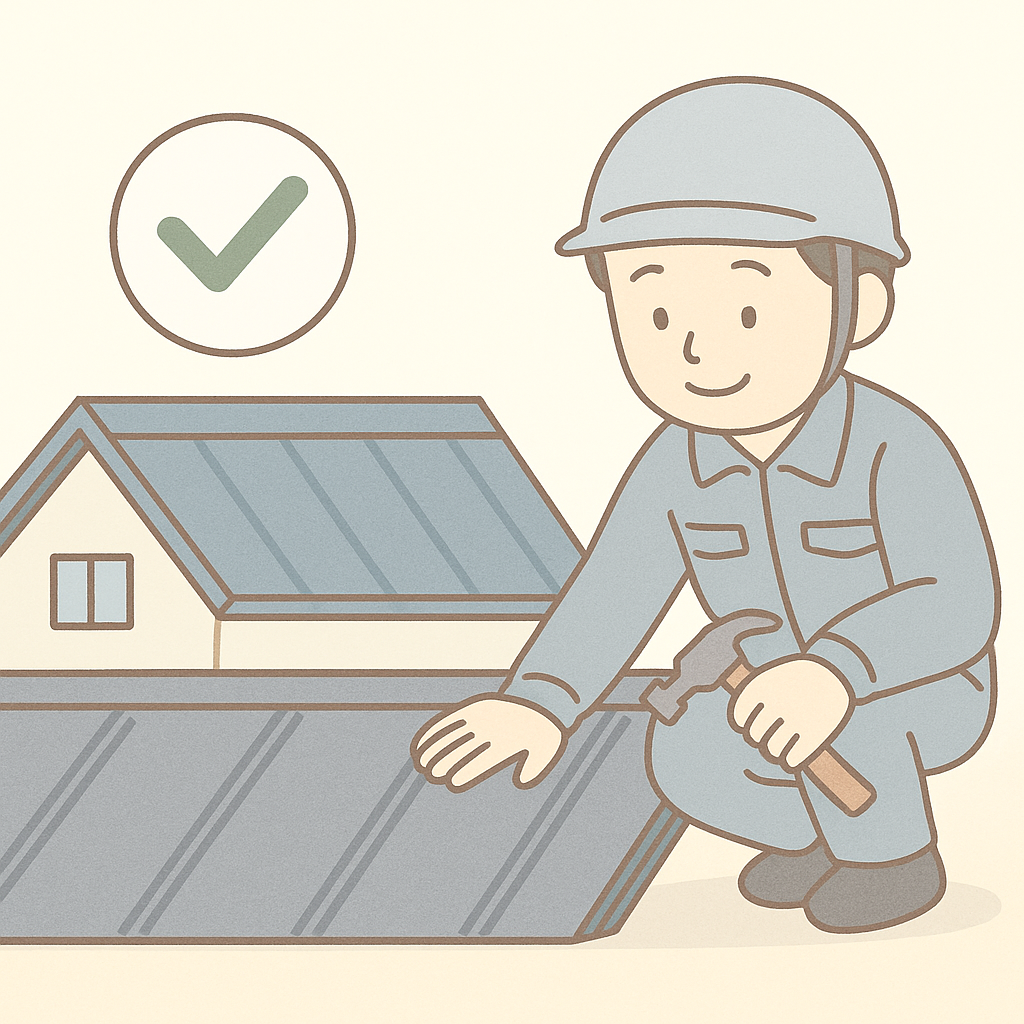 金属屋根を点検する作業員のイラスト（ビスの浮きや継ぎ目をチェックしている様子）
