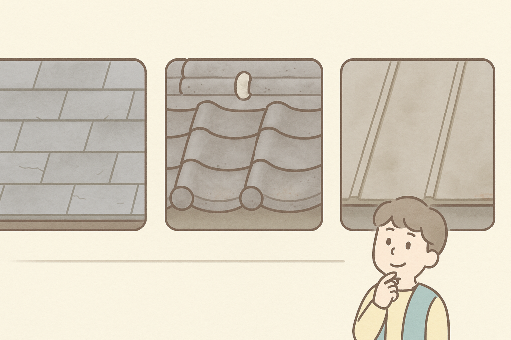 屋根材3種類の劣化比較（スレート・和瓦・金属）