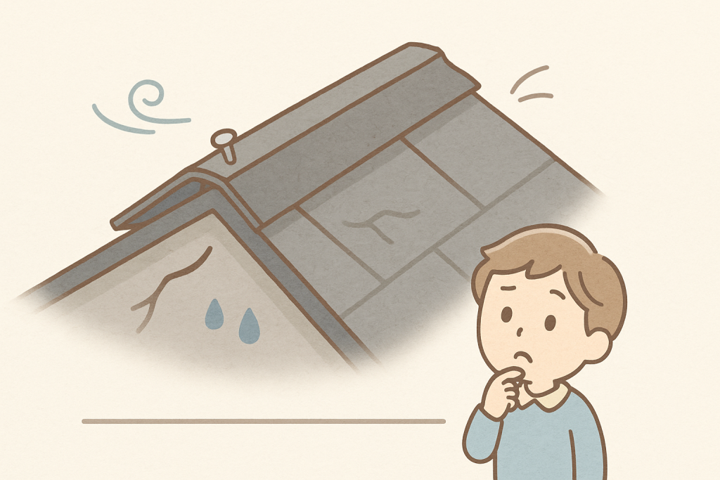 棟板金の浮きと釘抜けの劣化状態