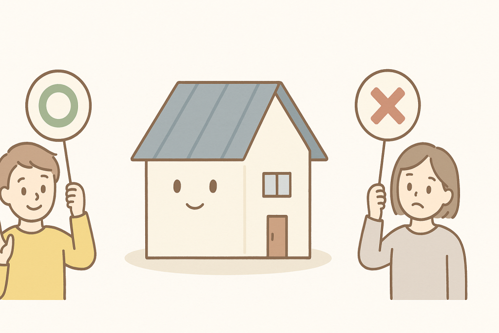 ガルバ屋根とトタン屋根がどんな家に向いているかを左右で比較したイラスト
