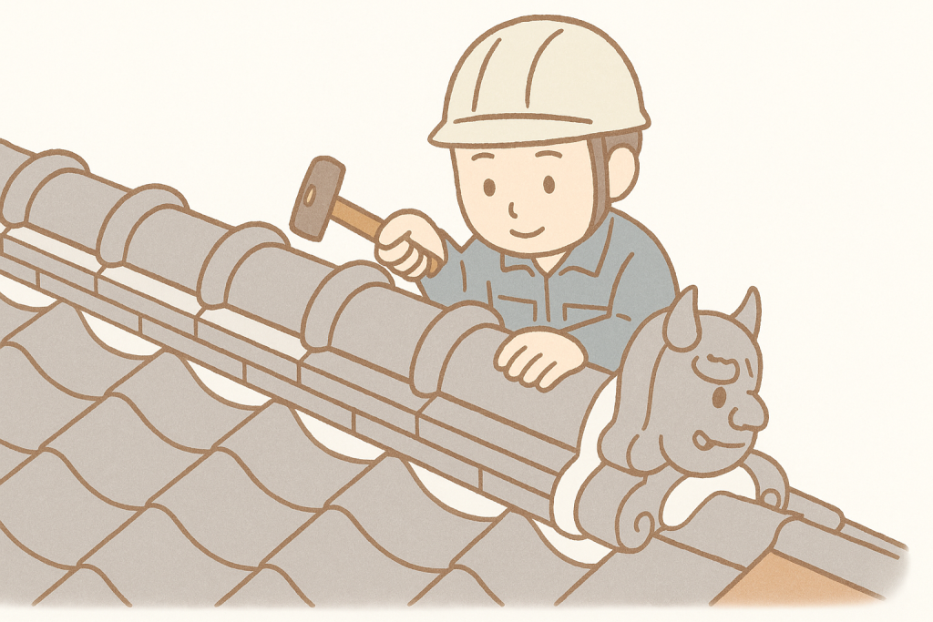 日本瓦の棟を積み直している作業員のイラスト（棟積み作業風景）

