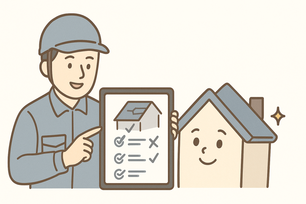 屋根の点検を説明する誠実な作業員と家キャラクターのイラスト