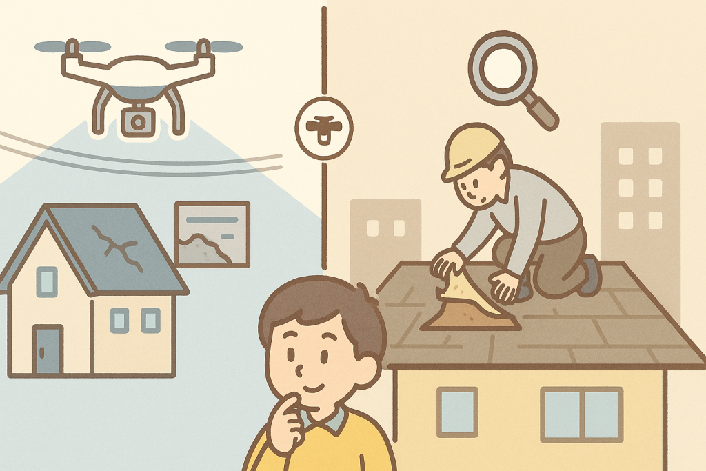 ドローン点検と屋根に登る直接点検の違いを左右比較で示したイラスト