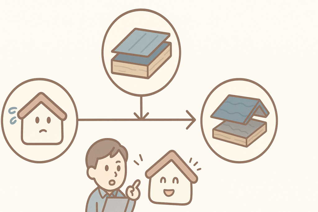 カバー工法と葺き替えの判断フローチャートを示すシンプルなイラスト